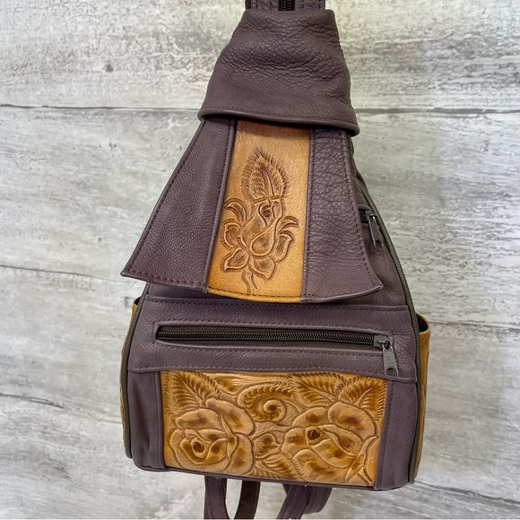 Tooled Leather Backpack Boho Western Mini Bag Purse Satchel VTG Purple Tan - Picture 2 of 9